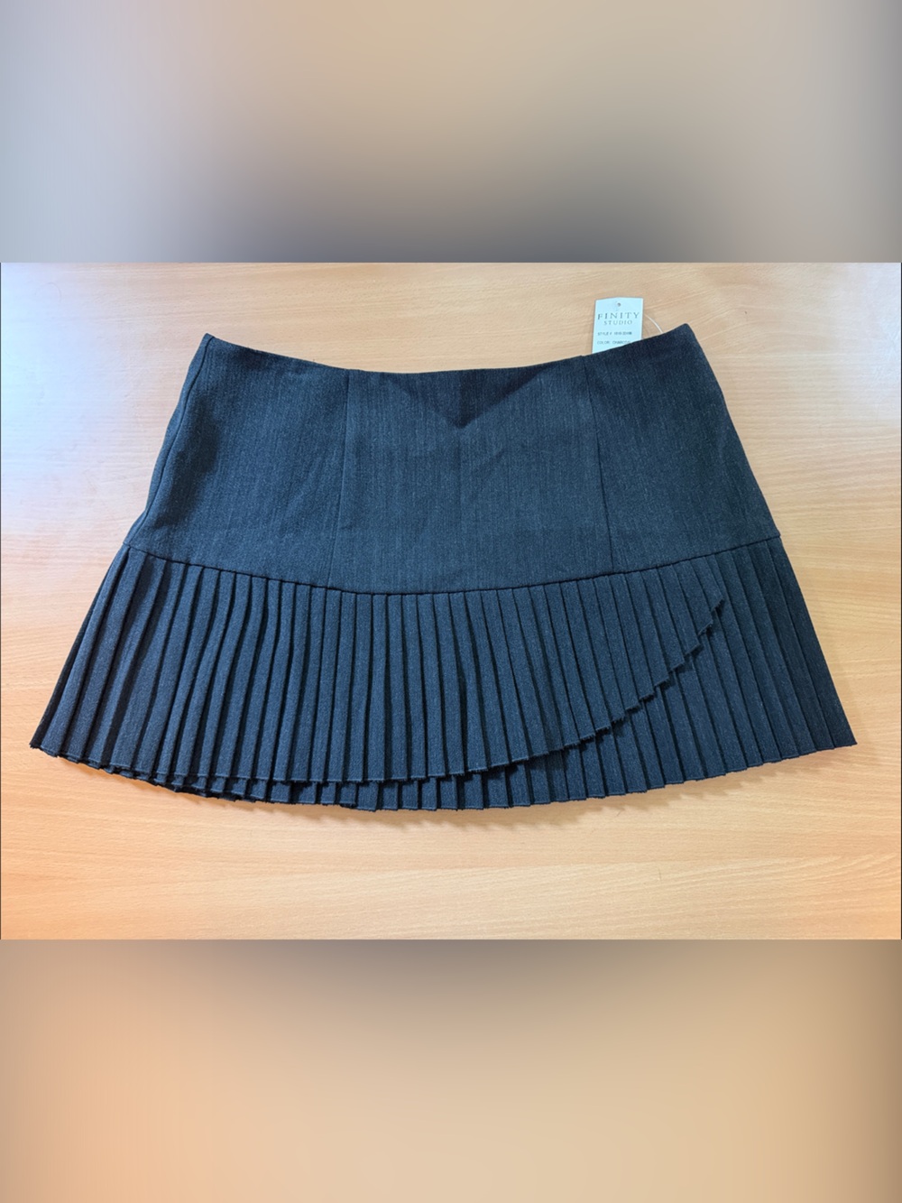 Charcoal Gray Wool Blend Pleated Mini Skirt with Asymmetric Hem